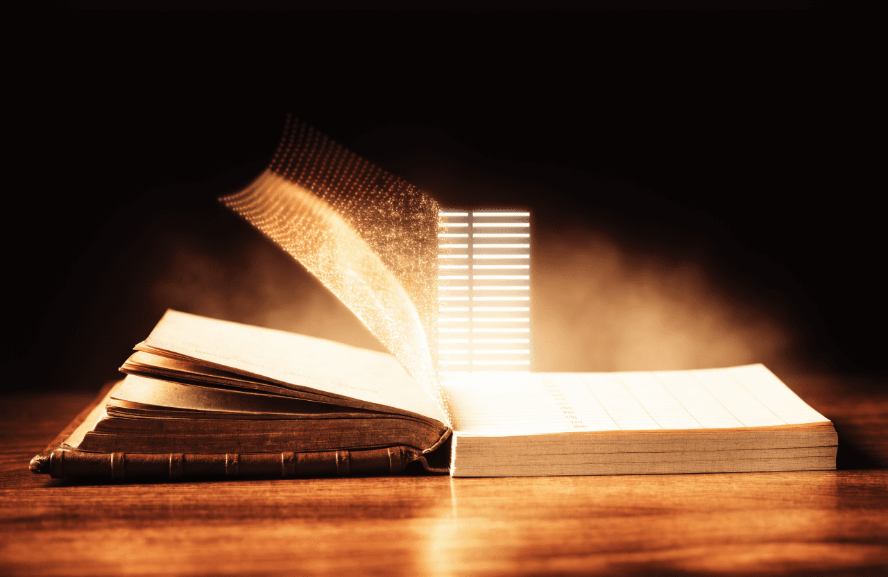 An open ledger, its pages dissolving upward into glowing rows of structured data.